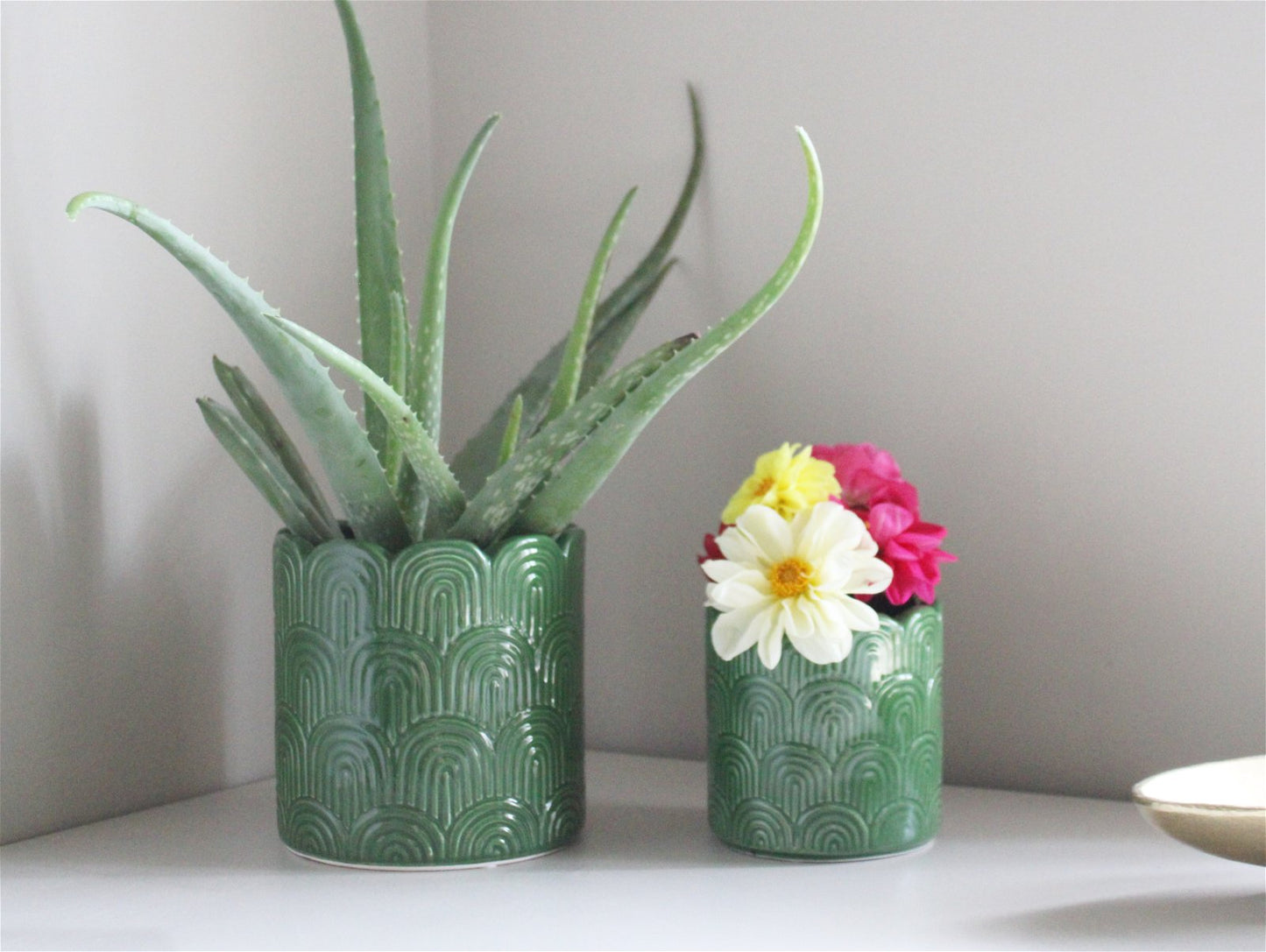 Set of Two Green Scalloped Planters